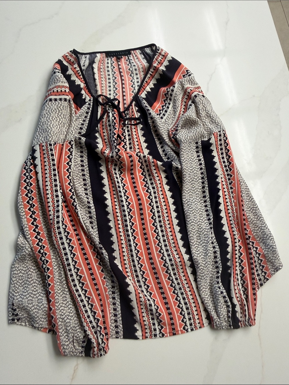 Sanctuary Women’s Boho Stripe Peasant Blouse in Coral, Black & White - Picture 7 of 8